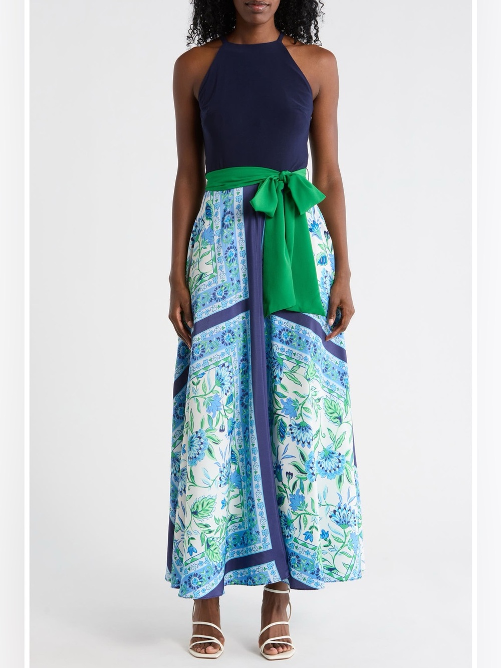 New Eliza J Halter Neck Twofer Maxi Dress Scarf Print Blue Sz 10